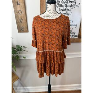 Matilda Jane Womens Floral Ruffle Ribbon Tie Back Tiered Tunic Rust Brown Medium